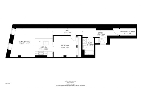 Floor plan for 1 bed, 1 bath, 790 sqft